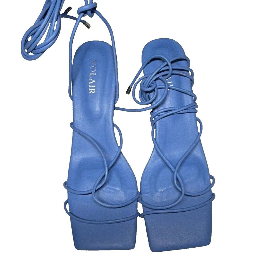 Y2K VOLAIR Sandals Women’s 8 Heels Lace Up Strappy Vegan dopamine Blue